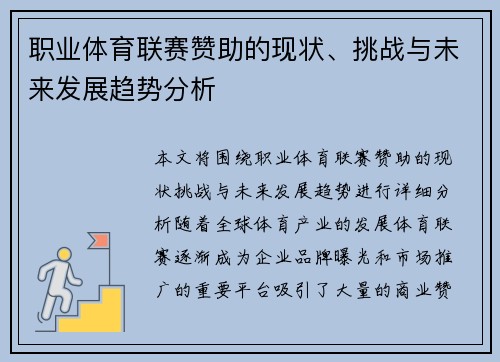 职业体育联赛赞助的现状、挑战与未来发展趋势分析
